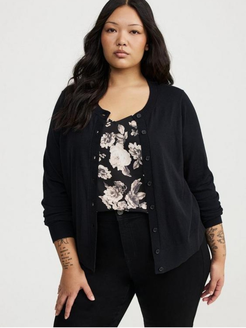 Torrid 1X Deep Black Button-Front Crew Fitted Cardigan